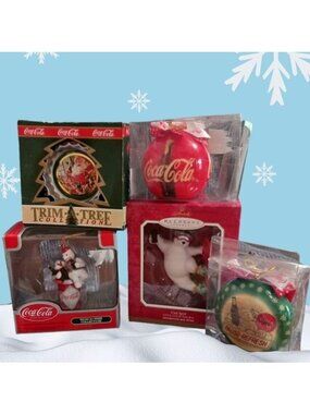 Coca-Cola Trim a tree & hallmark collection lot of 5 christmas ornaments
